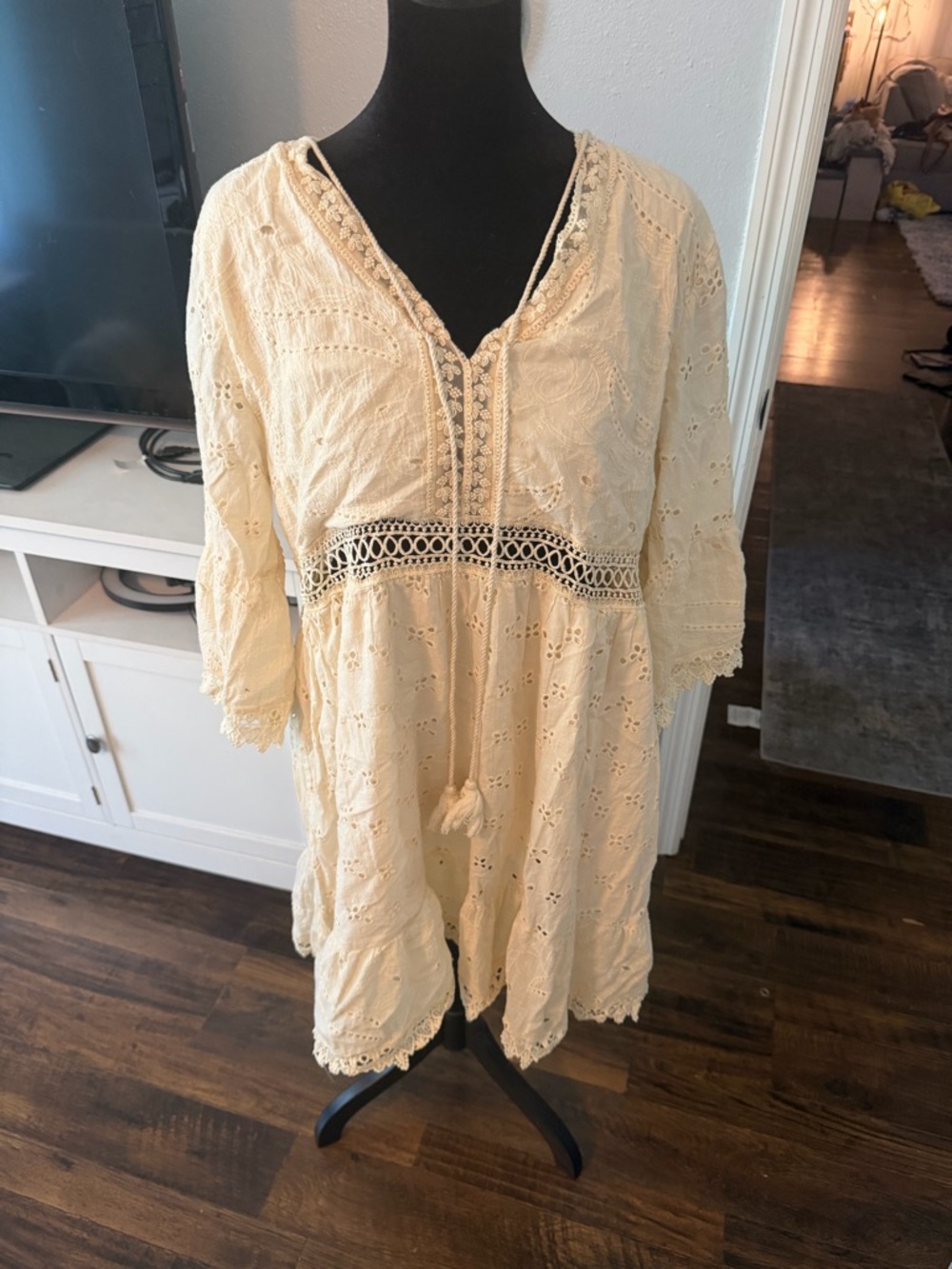Boho Tassel Mini Dress in Cream with Crochet Waist